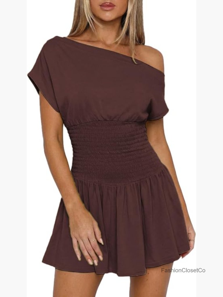 Off Shoulder A-Line Mini Dress Smocked Bodice Party Vacation
